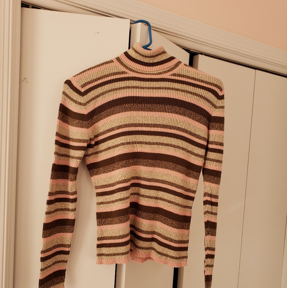 Pink, Beige, Brown Striped Turtlenech Sweater